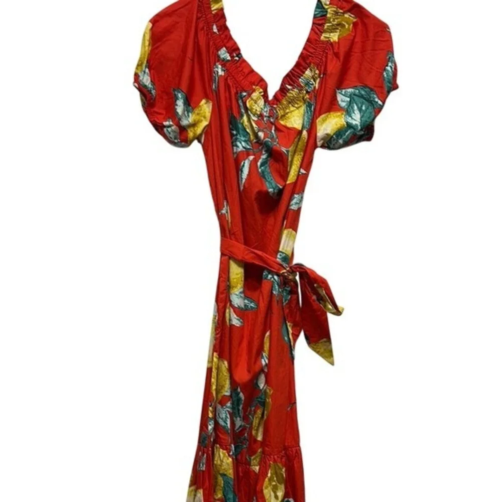 Flying Tomato Red Lemon Print Off Shoulder‎ Cotton Midi Dress